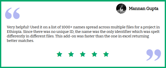 Testimonial screenshot from Munnan Gupta praising Flookup Data Wrangler's fuzzy matching in Google Sheets for faster data cleansing across multiple files.
