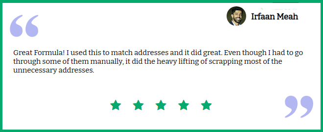 Testimonial screenshot from Marty McCrory highlighting Flookup Data Wrangler's easy fuzzy matching in Google Sheets workflows with great team support.