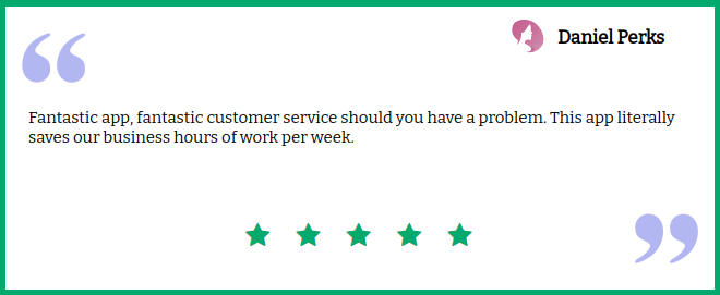 Testimonial screenshot from Daniel Perks applauding Flookup Data Wrangler's fantastic customer service and time-saving data cleansing in Google Sheets.