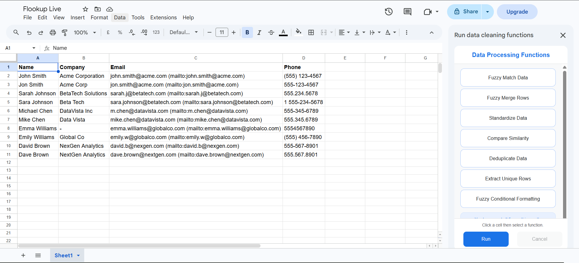 Flookup Data Wrangler sidebar open in Google Sheets showing fuzzy matching and data cleaning tools